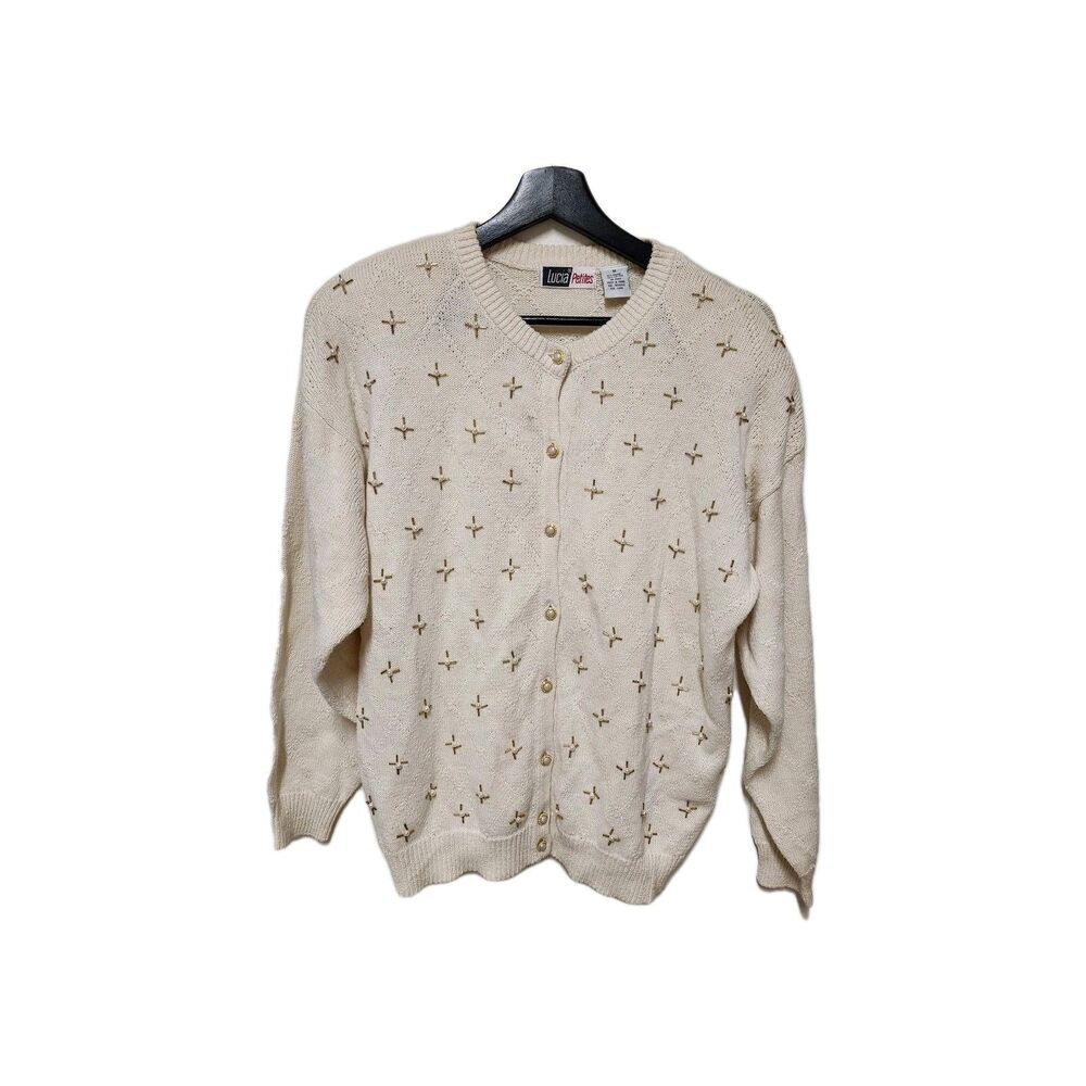 Vintage Cardigan Sweater 1980s Lucia Petites Medium Cream Pearls Ramie/Cotton